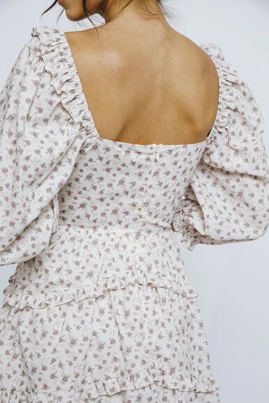 NWT Storia Puff Sleeve Cream & Pink Floral Dress Size Large - Picture 3 of 9